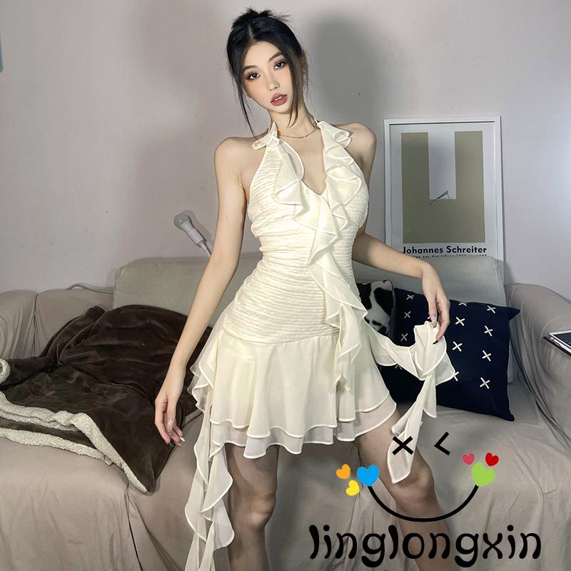 Đầm Không Tay Hở Lưng Màu Trơn Có Dây Buộc Dành Cho Nữ Linglongxi2