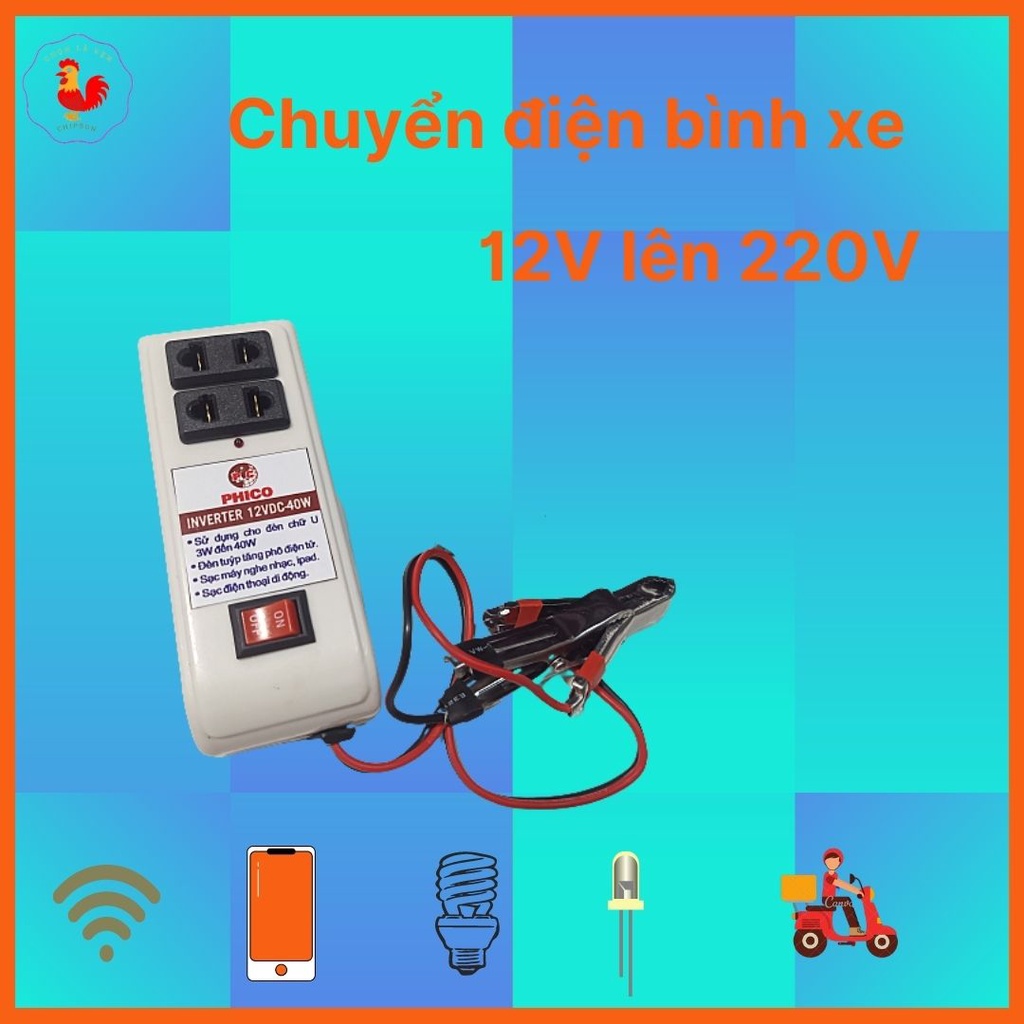 Bộ chuyển đổi 12v sang 220v PHICO dùng sạc điện thoại từ bình acquy, chạy đèn bàn học sinh, đèn led, adapter wifi