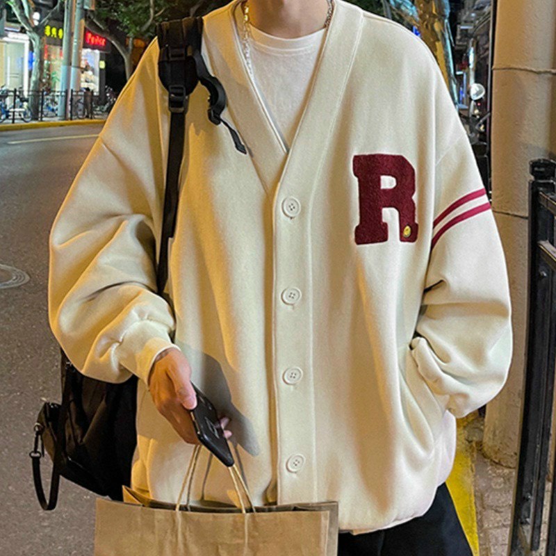 Áo khoác cardigan unisex chất nỉ ngoại phối viền chữ R, mẫu áo khoác cài cúc form rộng