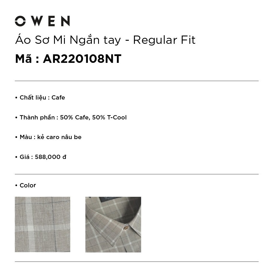 Áo Sơ Mi Nam Ngắn Tay OWEN AR220108NT Somi Công Sở Cao Cấp Màu Kẻ Caro Nâu Be Vải Sợi Café Dáng Suông Tà Lượn Có Túi