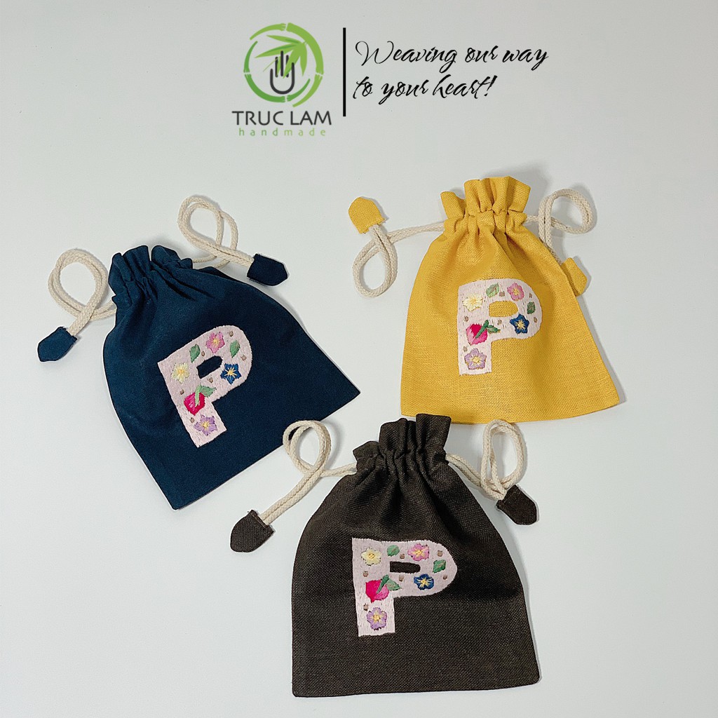 Túi Dây Rút Thêu Tay Họa Tiết Chữ Cái P Phối Hoa Văn Nhiều Màu Sắc - Trúc Lâm Handmade