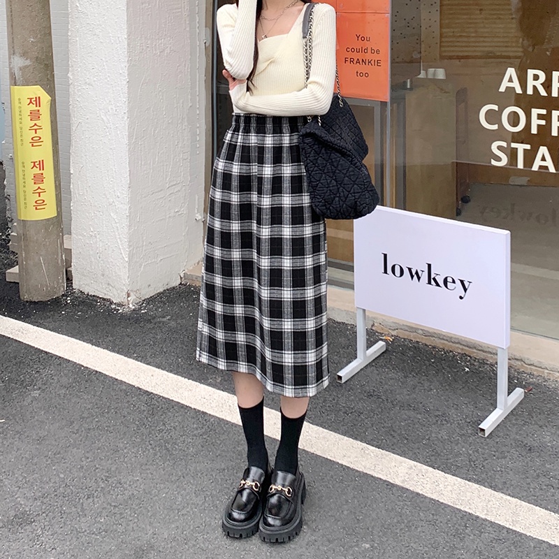 Chân váy chữ A SUXI lưng cao họa tiết sọc caro phong cách cổ điển thời trang cho nữ