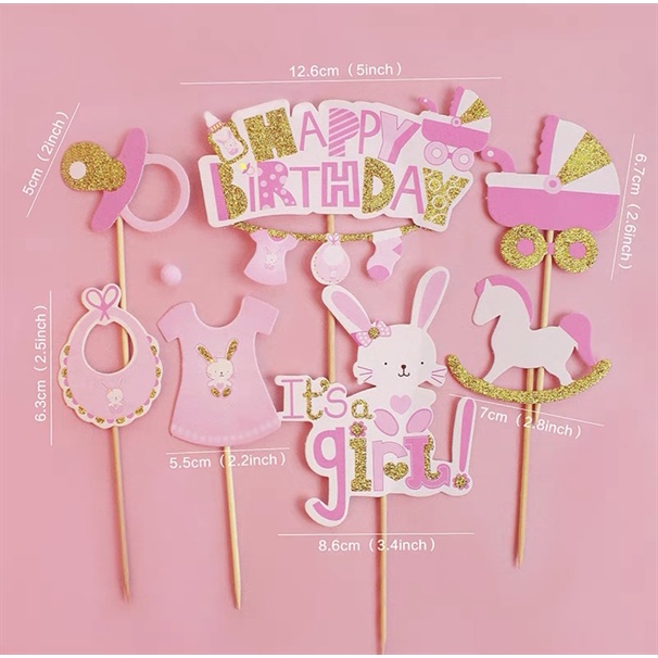 Set que cắm It's girl + thỏ + HPBD quần áo hồng - Phụ kiện trang trí bánh sinh nhật