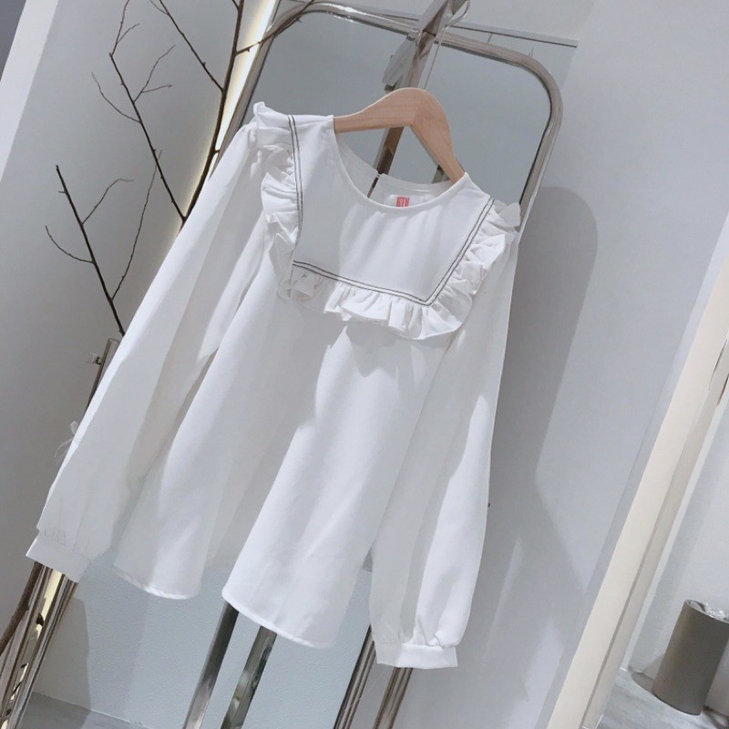 Áo Babydoll trắng đen bèo vuông cổ viền chỉ nổi tay dài phồng