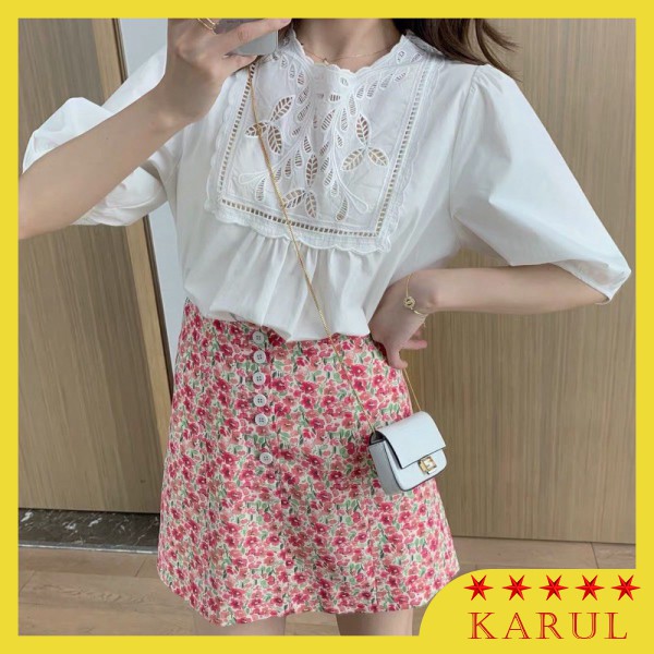 Áo sơ mi nữ trắng cộc tay bồng thêu cổ bản to babydoll, Áo sơ mi nữ tay lỡ cổ ren phối thêu hoa ngực bản to