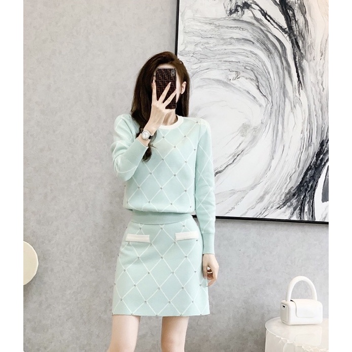 SỈ SET LEN XANH ĐÍNH ĐÁ CHÂN VÁY CHO NỮ Q1344