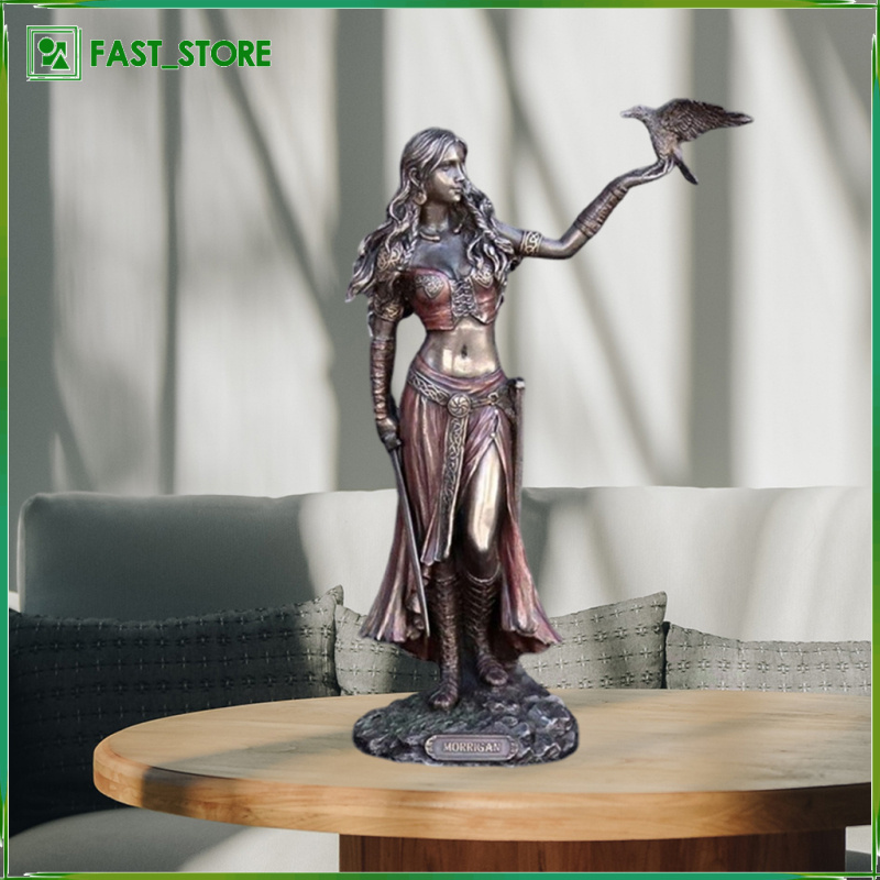 Celtic Goddess of the Battle Sword & Crow Resin Artwork Statue Morrigan Figurine Collectible, Bronze Finished