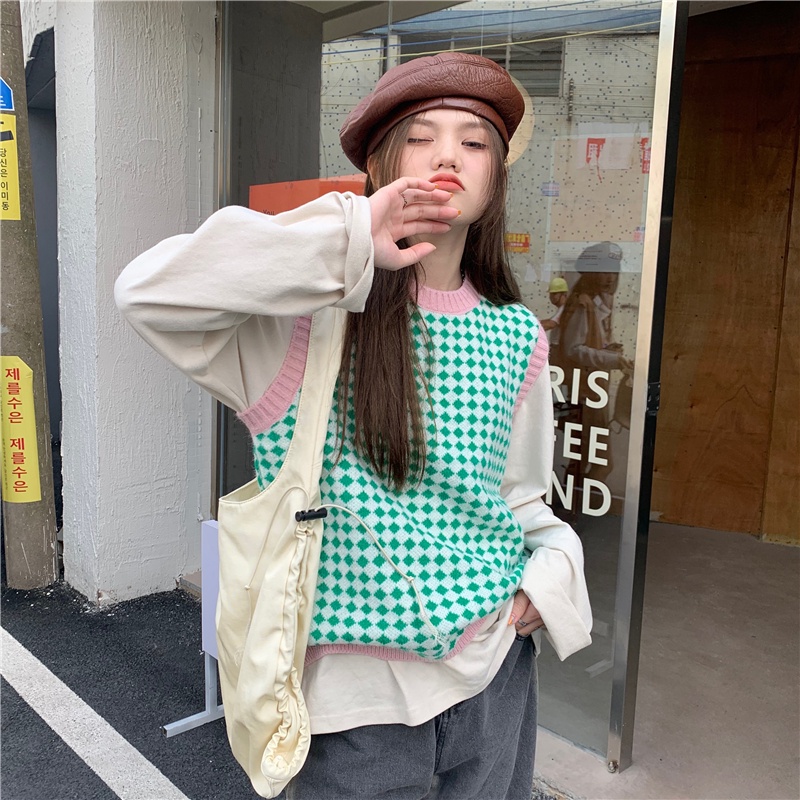 Áo dệt kim sát nách cổ tròn sọc ca rô thời trang cá tính | BigBuy360 - bigbuy360.vn