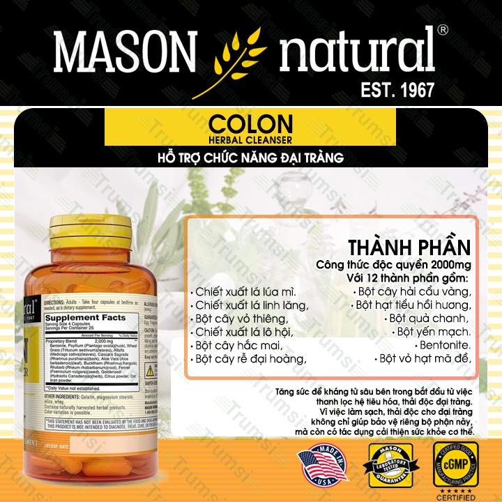 Viên uống Mason Colon Herbal Cleanser hỗ trợ chức năng đại tràng giúp bổ sung chất xơ cải thiện tiêu hóa giảm táo bón