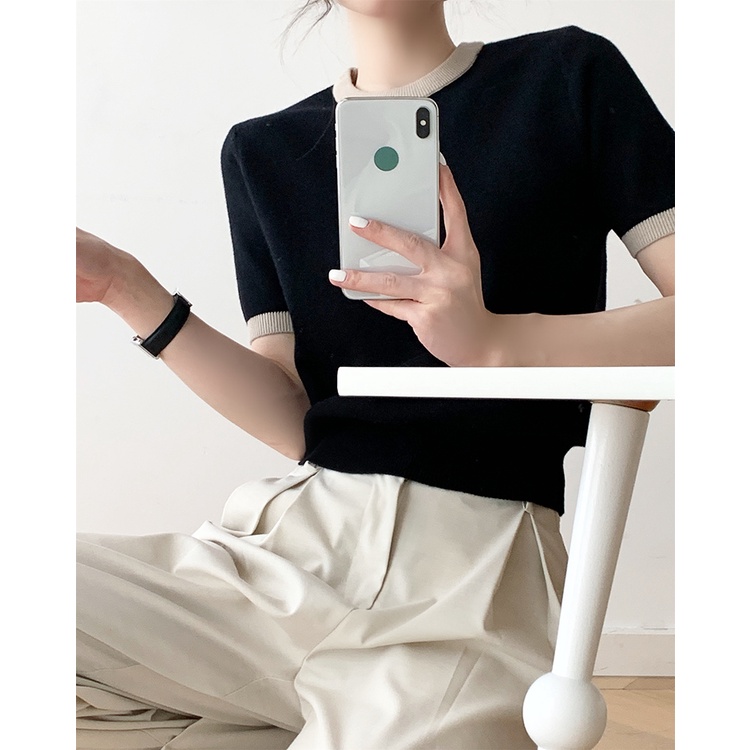 QADCOL  Áo Sweater Dệt Kim Tay Ngắn Kiểu Vintage Thiết Kế Trẻ Trung