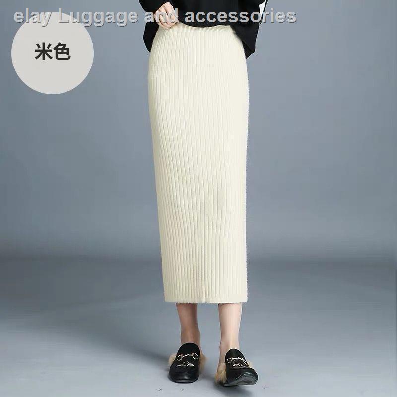 Chân váy len dày lưng cao xẻ tà phối lông thỏ thời trang thu đông