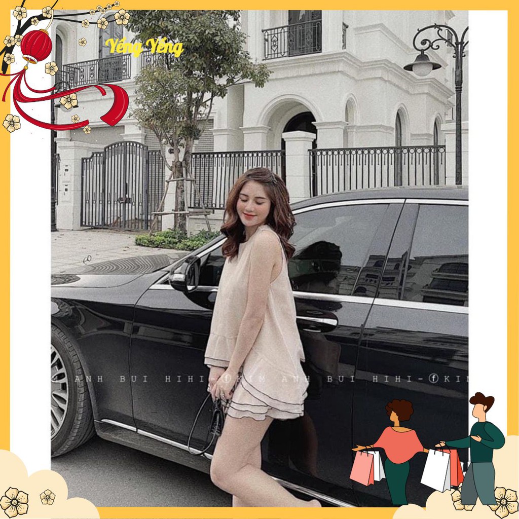 SNU165 - SET NỮ ÁO TƠ BE MIX CVAY VIỀN ĐEN