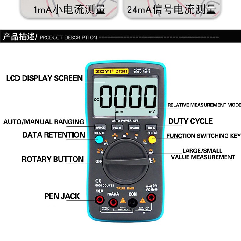 Đồng Hồ Vạn Năng Đo Điện Zotek Zoyi Zt301 Đo Được Nhiệt Độ 8000 Số Đếm, 1000V, 800 Ohm, 10A, 9,999Mf, 99,99Hz