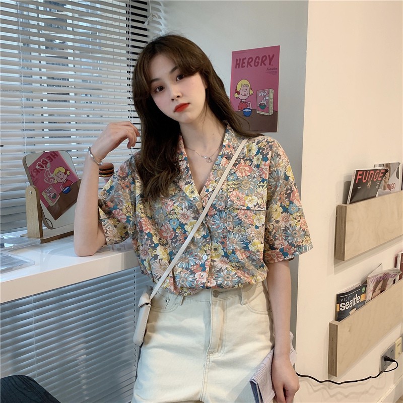 Áo Sơ Mi Tay Ngắn Chất Chiffon Phối Họa Tiết Hoa Xinh Xắn Thời Trang Kiểu Pháp