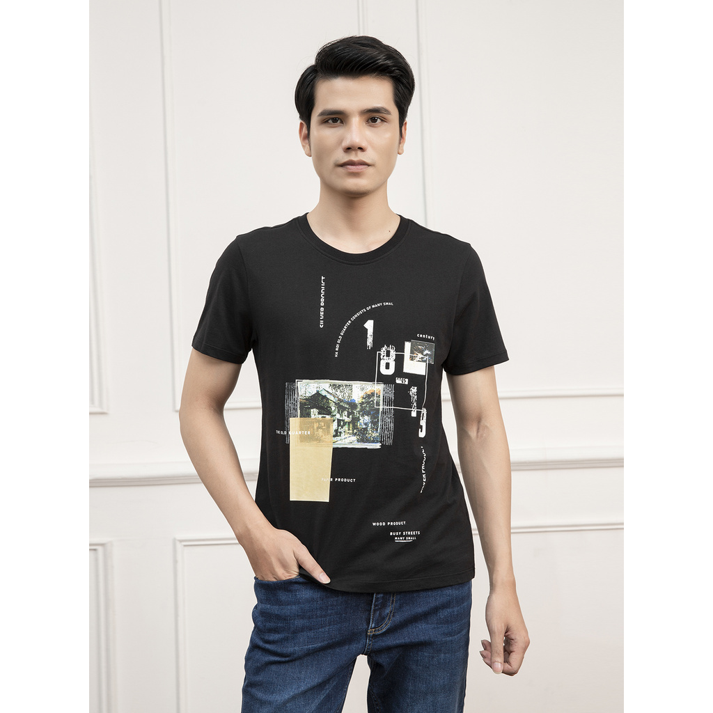 Áo Thun Nam Tay Ngắn Không Cổ Aristino ATS002S1 Màu Đen 9 Dáng Regular Fit Cổ Tròn Vải Cotton Mịn Mát