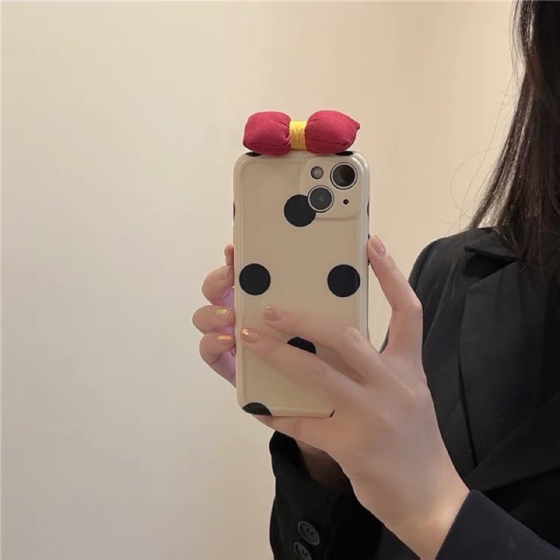 Ốp Iphone silicone chống sốc hoạ tiết chấm bi đính nơ dễ thương