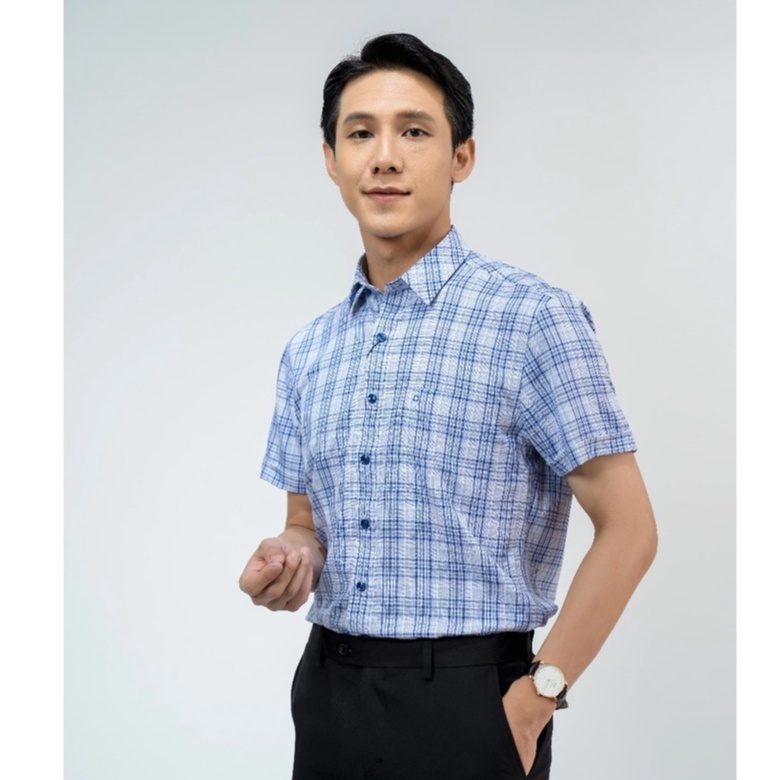 OWEN - Áo Sơ mi ngắn tay Owen vạt ngang chất Nano chống nhăn kẻ ca rô xanh 220119