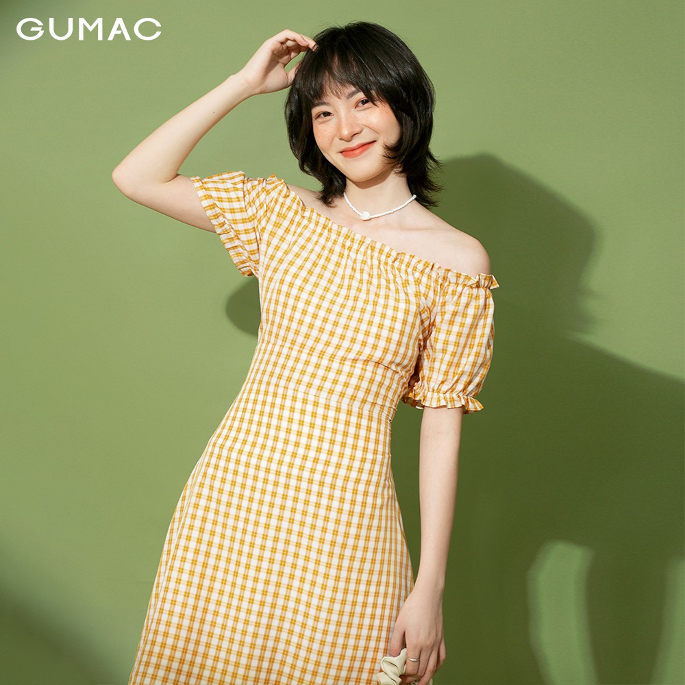 [Mã MABR07062 giảm 8% tối đa 50K đơn từ 249K] Đầm nữ ôm GUMAC caro bẹt vai ngắn tay năng động DB1169 | BigBuy360 - bigbuy360.vn