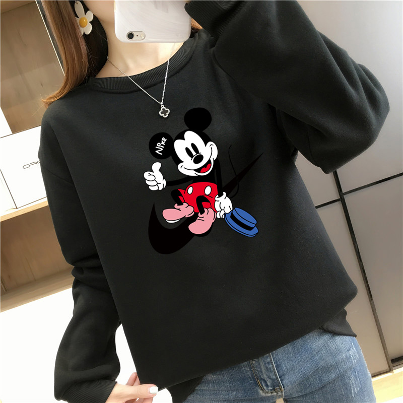 Áo thun nỉ mềm dài tay cổ tròn in họa tiết Mickey gợi cảm cho nữ
