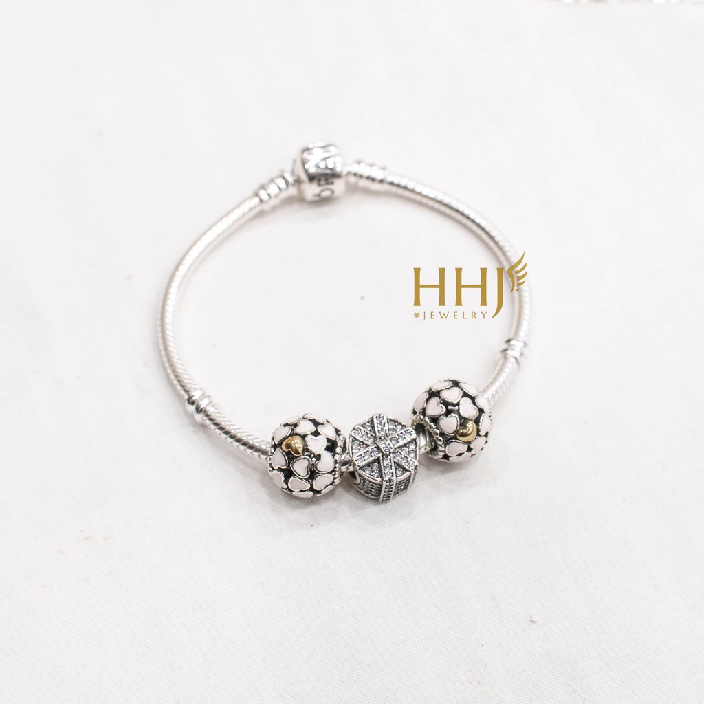 Vòng tay set 3 charm trắng hồng vàng quả cầu họa tiết hộp quà nơ đính đá - HHJ - Bạc S95