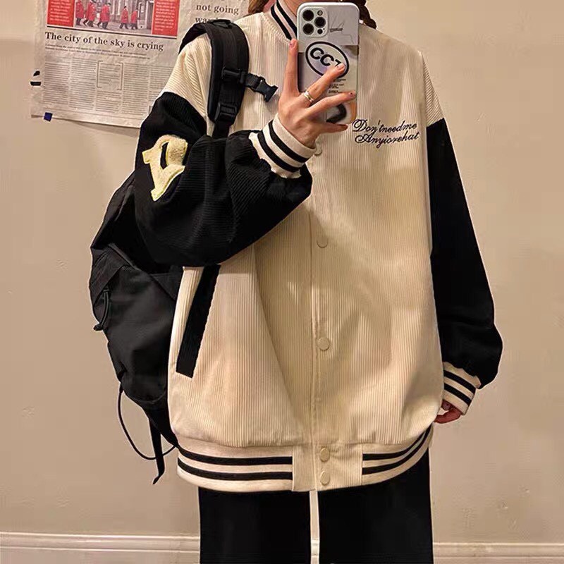 Áo Khoác Bomber BAD REVOLUTION Nhung Gân Tăm Thêu Phối Tay 2 Màu 2 Lớp Form Rộng Unisex Nam Nữ Ulzzang KUN