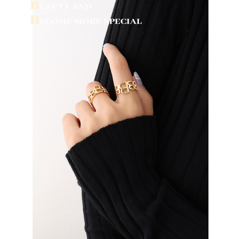 Nhẫn nữ mạ vàng thiết kế chữ B siêu đẹp phong cách Âu Mỹ Boho
