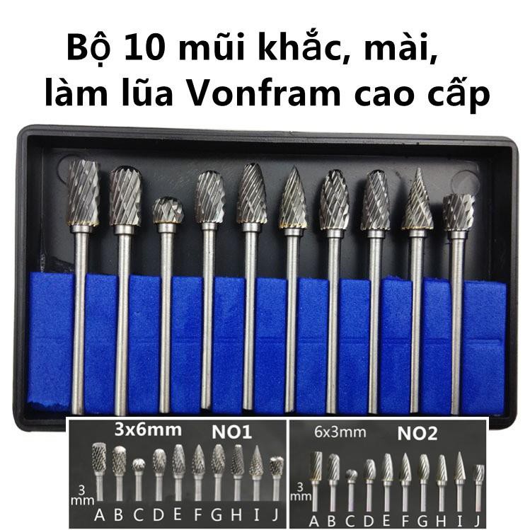 Bộ 10 mũi khắc, mài, làm lũa Vonfram cao cấp