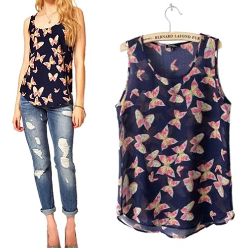 Áo Voan Sát Nách In Họa Tiết Bươm Bướm Thời Trang Dành Cho Nữ