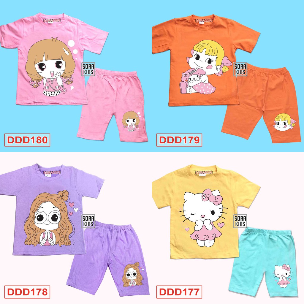 bộ lửng ngố Sorakids chất cotton 100% in hình mèo kitty cho bé gái 2-10 tuổi bộ quần áo trẻ em 2