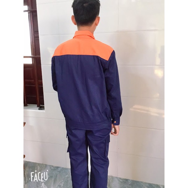 Áo bảo hộ lao động nam nữ màu than phối cam khóa kéo SHUNI -007A vải kaki liên doanh loại dày, đồng phục kỹ sư,xây dựng