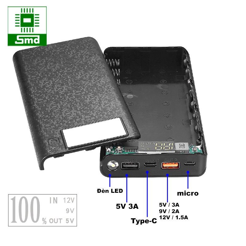 Box sạc dự phòng 8 cell LED hỗ trợ sạc nhanh QC3.0