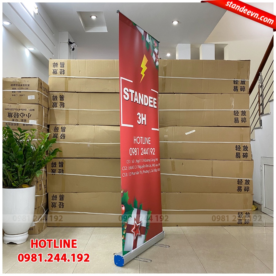 Standee cuốn nhôm tốt chân đế inox kích thước 0.8x2m, Standee cuộn, standee đứng | 3H