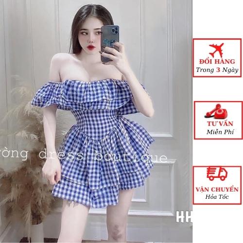 Váy trễ vai caro nữ bèo tầng tiểu thư bánh bèo ulzzang Hàn Quốc
