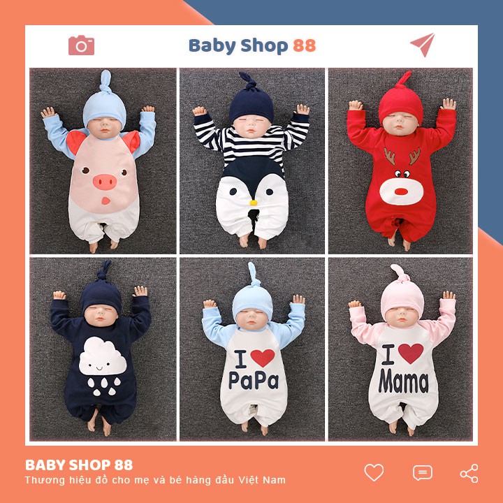 Bộ Đồ Liền Thân Quần Áo Trẻ Em Sơ Sinh Bodysuit Dài Tay Cho Bé Trai Bé Gái Kèm Mũ In Hình Dễ Thương [BDD4]