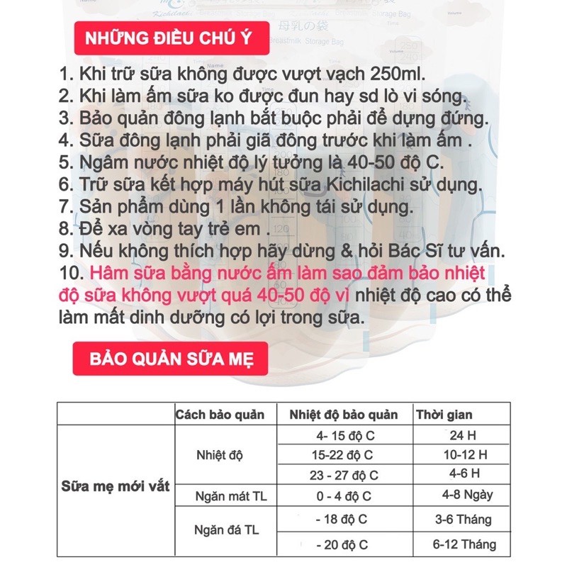 Tặng bút ghi chú - Hộp 50 túi trữ sữa Kichilachi Nhật Bản màu xanh 250ml (voi)