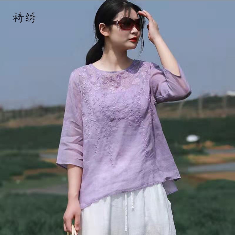 Áo sơ mi vải lanh mỏng cổ tròn dáng rộng thêu họa tiết kiểu Retro
