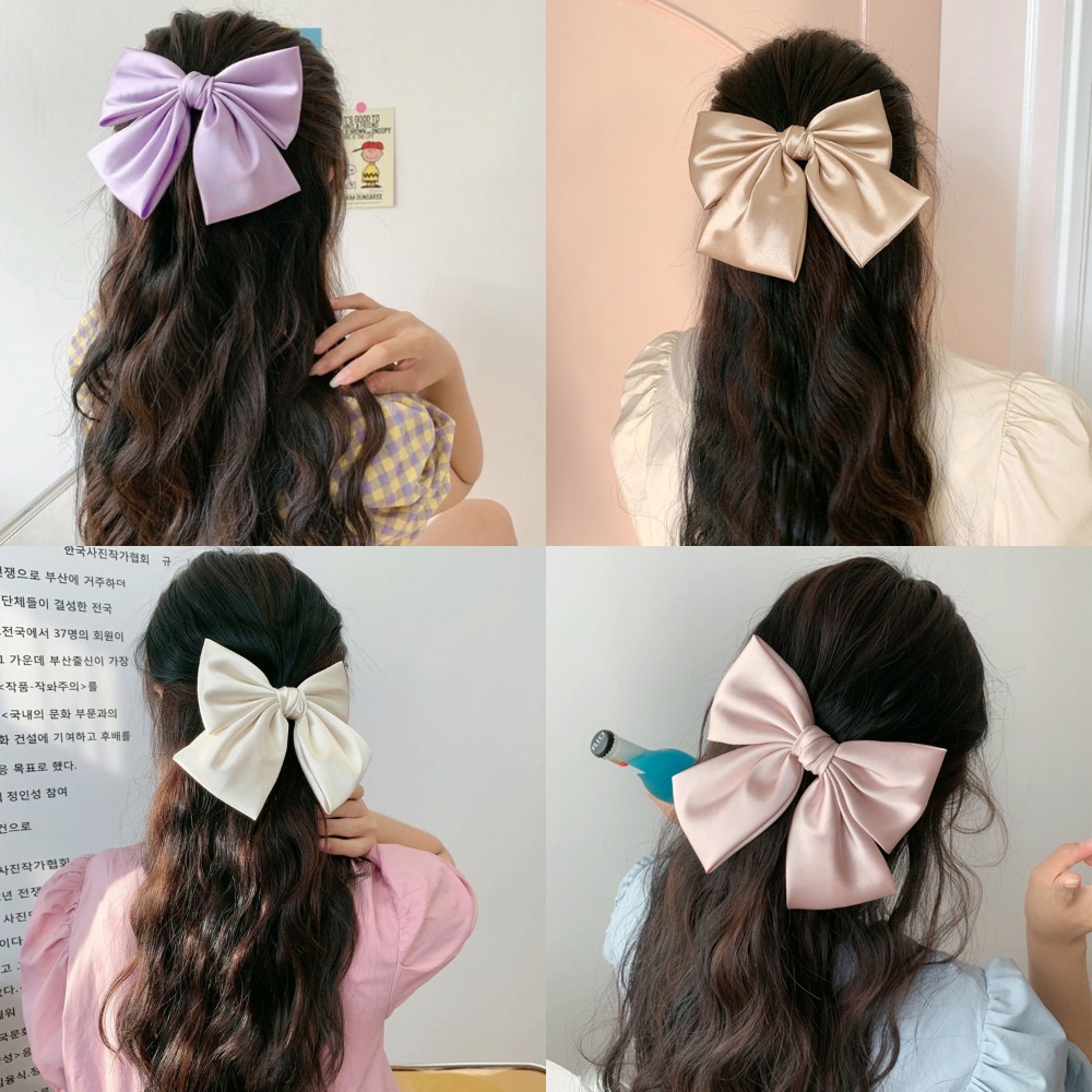 Kẹp Tóc Nơ Vải Satin Màu Trắng Sữa Thời Trang Hàn Quốc Dành Cho Nữ