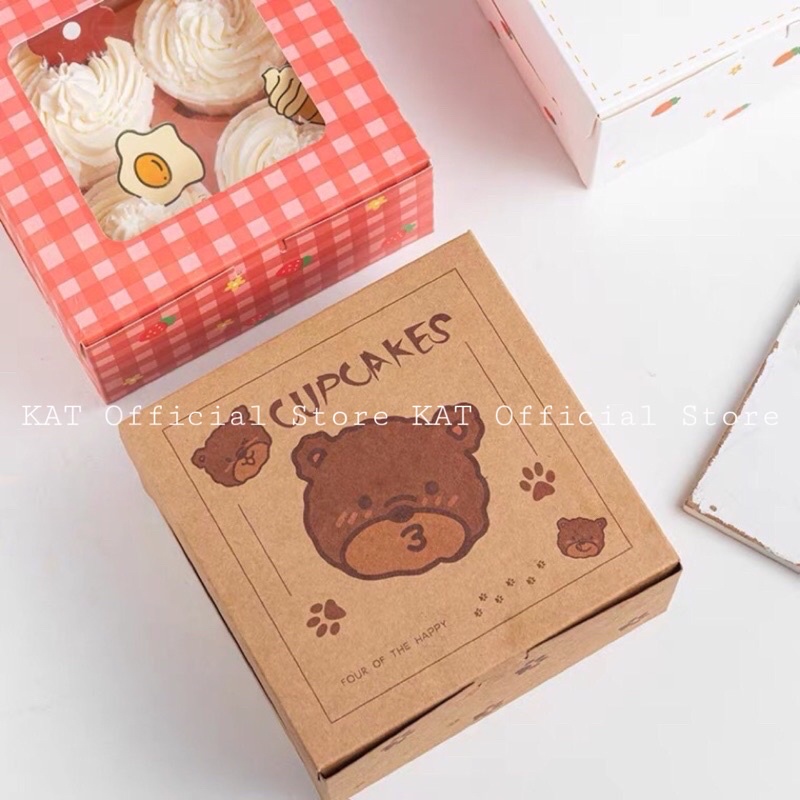 Hộp Giấy Đựng 4 Bánh Cupcake Hoạ Tiết Caro Hồng/ Gấu/ Thỏ