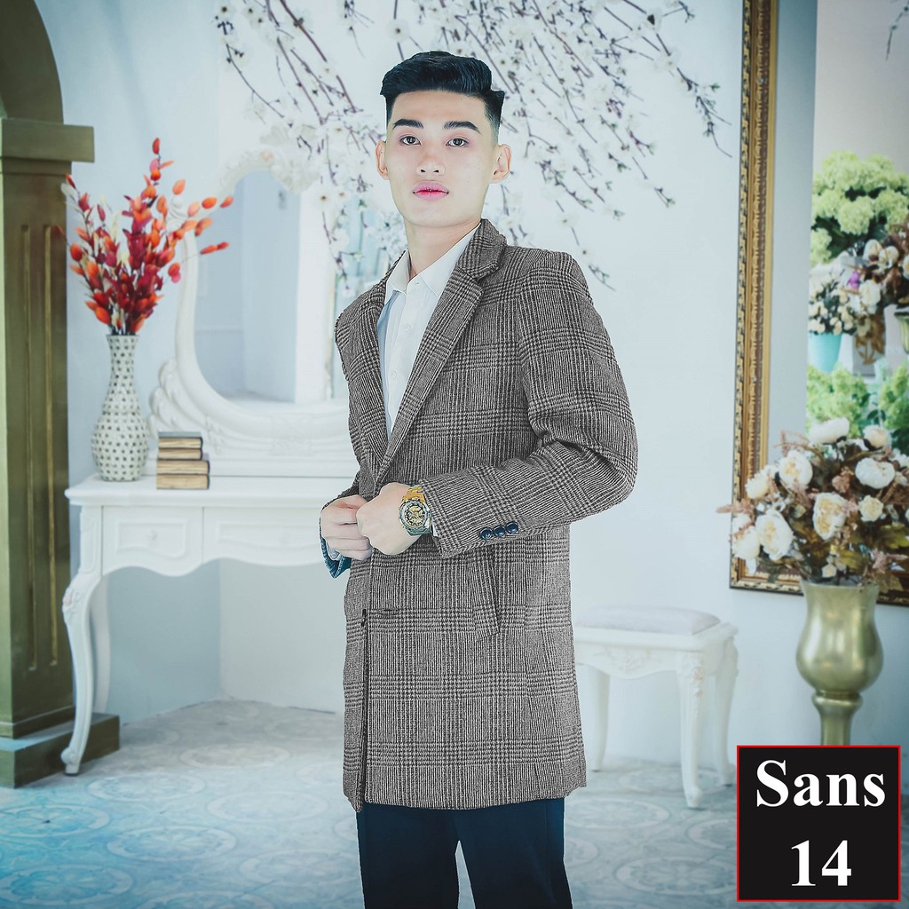 Áo blazer nam hàn quốc Sans14 khoác dạ lông cừu kẻ sọc caro măng tô dáng vừa mangto big size 80kg 90kg 100kg 3XL 4XL