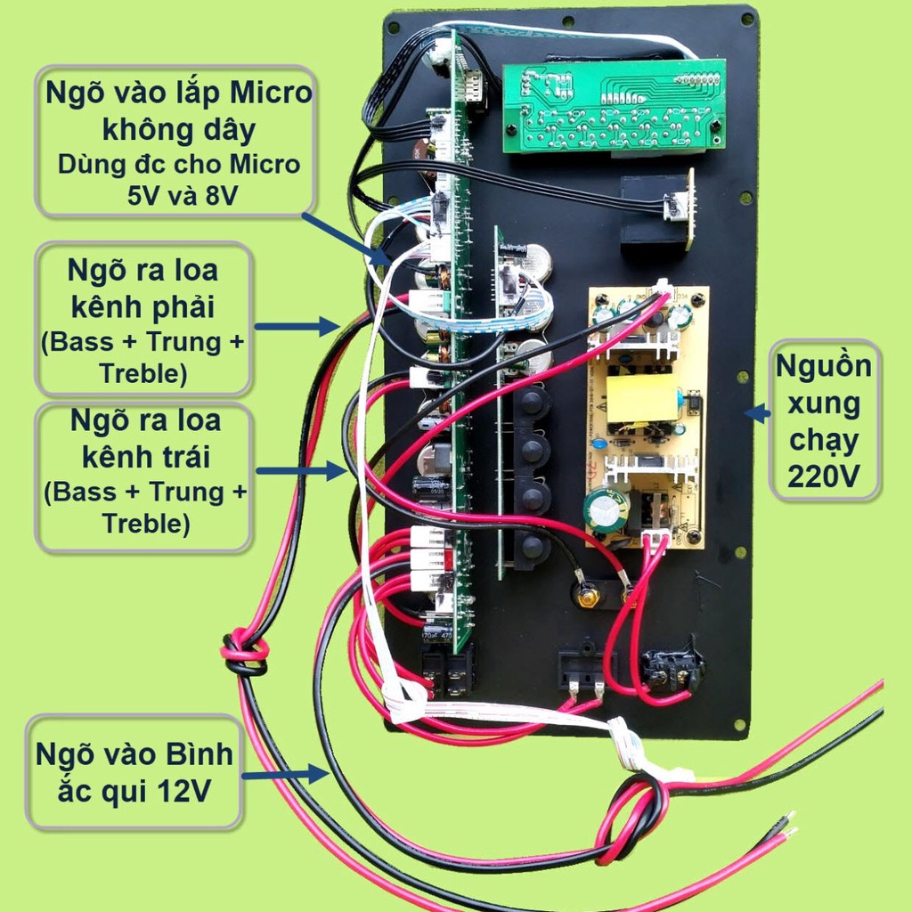 Mạch loa kéo 2 kênh 3 tấc đôi có Guitar điện 2 IC CS8676 120W + 120W có nguồn xung 220V kèm Micro UHF đôi