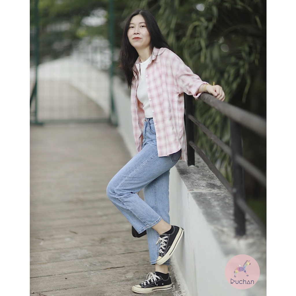 Áo sơ mi caro nữ form rộng RUCHAN kiểu tay dài kẻ sọc oversized có cổ khoác ngoài thiết kế thời trang màu caro hồng