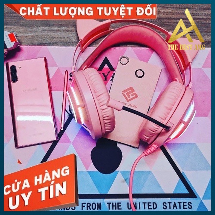 Tai Nghe Máy Tính Có Mic Gaming Led Rgb Headphone Chụp Tai DAREU EH416 Tai Mèo Màu Hồng Nghe Nhạc Chơi Game Có Dây