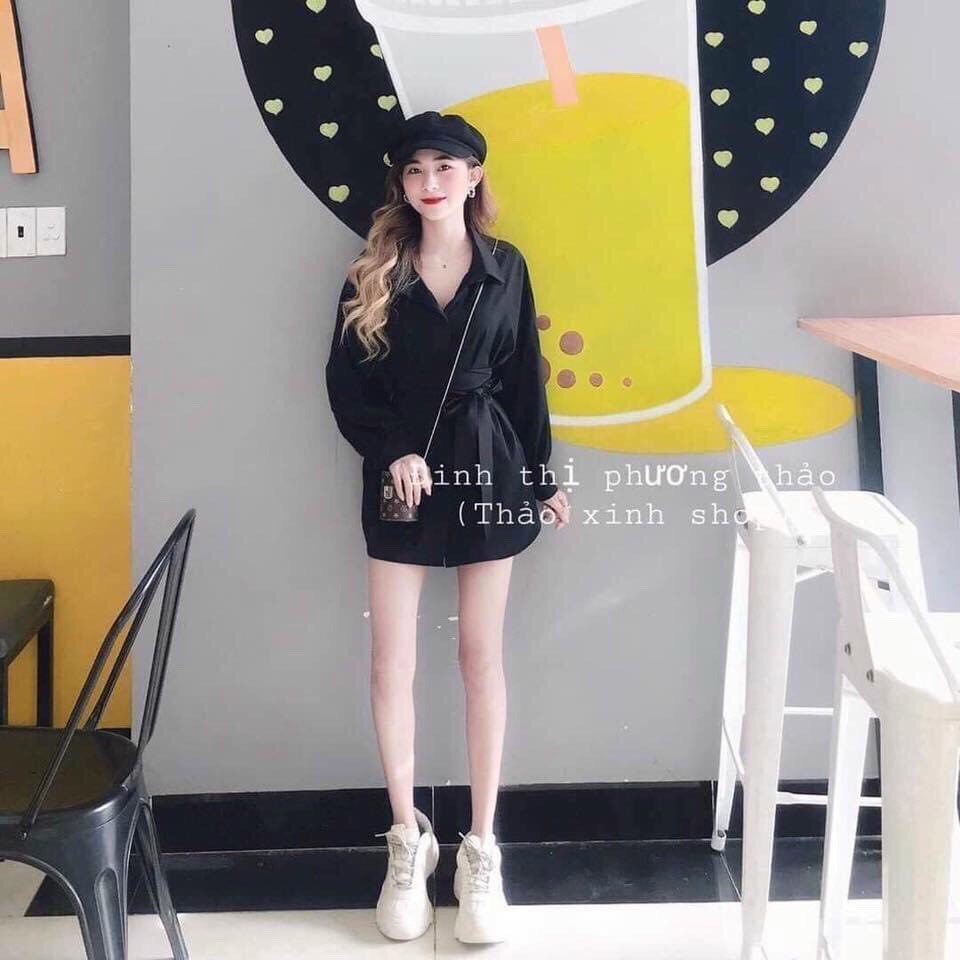 [Mã FAMAYWA2 giảm 10K đơn 50K] Sét bộ đồ nữ áo sơ mi dài tay màu đen có cây cột eo