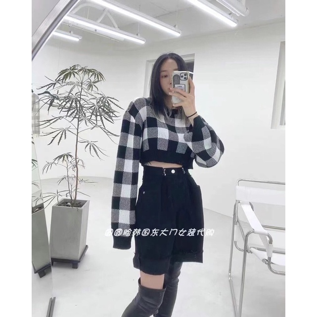 Áo len kẻ ô to dáng croptop HÀNG QUẢNG CHÂU ảnh thật 100%