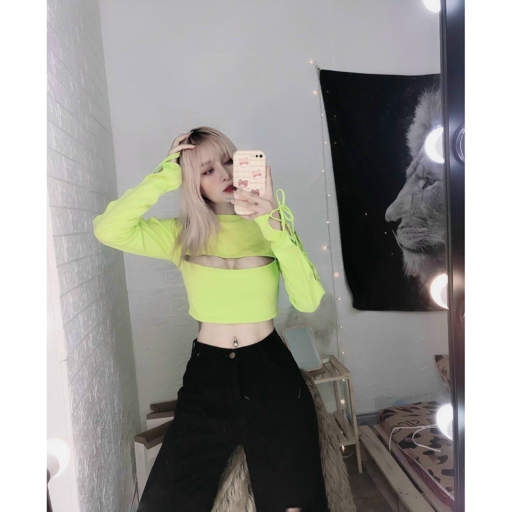 Áo kiểu croptop tay dài đan dây cắt ngực sexy , chất thun bozip mềm mịn ( ảnh thật )