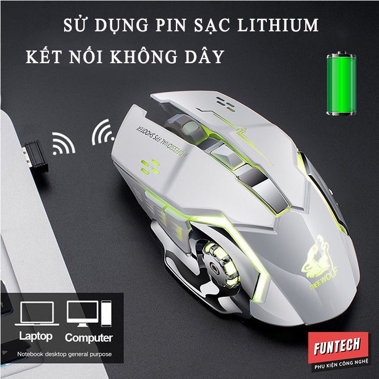 Chuột máy tính không dây Gaming Wolf X8 Pro Led RGB 7 màu siêu đẹp pin sạc thiết kế gọn nhẹ