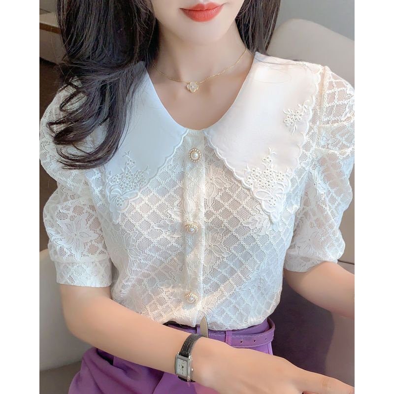 Áo Sơ Mi chiffon Tay Ngắn Cổ Búp Bê Phối Ren Thời Trang Mùa Hè Hàng Mới Dành Cho Bạn Nữ