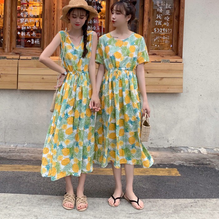 Đầm maxi cổ tròn họa tiết quả dứa phối dây thắt eo Hàn Quốc ulzzang, đầm suông mùa hè