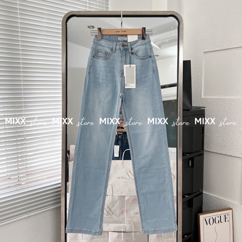 Quần jean nữ ống suông Zara lưng cao chất co giãn thoải mái phom dài 98cm tôn dáng