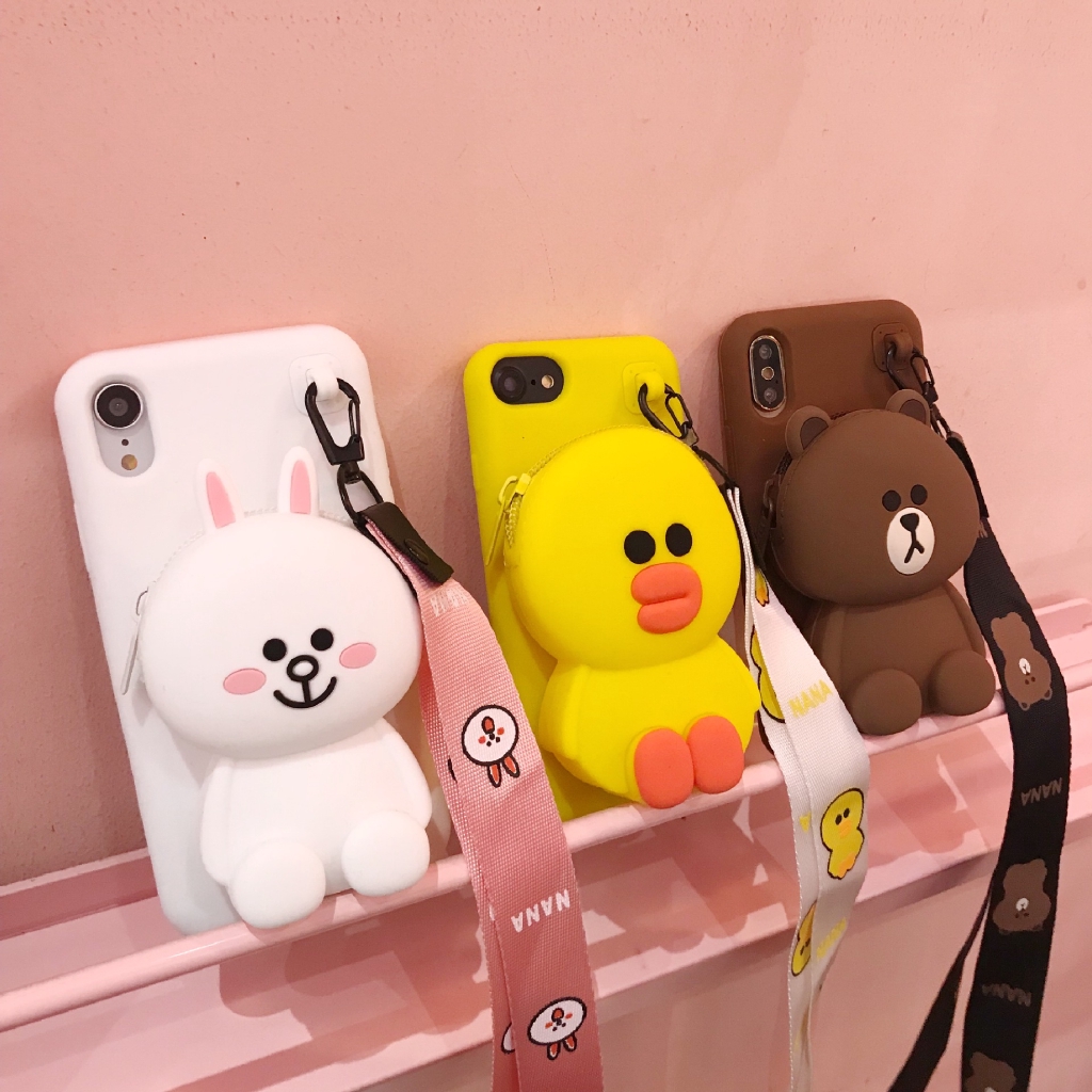 ◑▂◐Bùng nổ hoạt hình dễ thương ví tiền xu với dây buộc iphone 5 se xsMax xr vỏ điện thoại silicone i6s / 7 8Plus